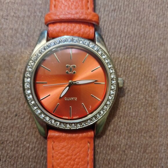 Accessories - Orange Faux Leather Rhinestone Bezel Quartz Watch With Adjustable Strap